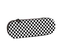 LfearTesa Hard Shell Pencil Bag Stationery Organizer Pouch Leather Pencil Pen Case & Makeup Bag,Classic Black and White Race Check Checkered Geometric Win