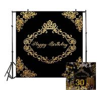 LFEEY 8x8ft Father Mother Birthday Party Backdrop Birthday Decorations for Photos Black Background Gold Crown Flower Pattern Adults 30th 40th 50th Birthday Parties Photo Booth Props