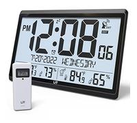 LFF Atomic Clock/Never Needs Setting, Battery Operated, Atomic Wall Clock with Indoor/Outdoor Temperature & Humidity, Wireless Outdoor Sensor, 15" Digital Wall Clock with 4.5" Numbers Easy-to-Read