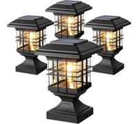Lffital Solar Post Lights Outdoor Solar Cap Lights Deck Fence Cap for 4x4 5x5 6x6 Posts Patio Garden Courtyard Bright Decoration Fixture Waterproof Warm White Lighting Black (4Pack)