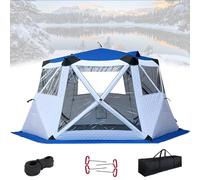 LFHWHKJ Portable Ice Fishing Tent for 10 Person, Ice Fishing Shelter with Chimney Mouth, Ice Shanty Hexagon Ice Huts with Anchor, Guy Rope, Carrying Baga, Floor-To-Ceiling Windows(Blue)