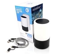 LFI Lights Emergency Table Lamp for Power Outages, 200+ Hr Rechargeable Light with USB Charger, 3-in-1 Cable, 3 Modes, Touch Sensor - Portable LED Lantern for Home Disaster Preparedness Black.