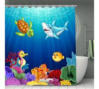 LFKVYZLC Underwater Tropical Fish 70" Shower Curtain Shark Turtle Style Bathroom Curtains Sea Marine Life Kids Girl Boy Bath Curtain Ocean Animal
