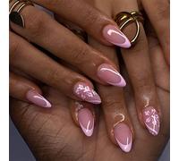 LFLSSTNM Press On Nails - Medium Almond French Tip Fake Nails Glossy Pink Glue on Nails with Five-petaled Flowers Designs Full Cover False Nails for Women Girls Art Manicure 24 Pcs