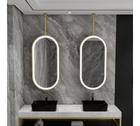 LFONDIGE Oval Ceiling Mounted Decorative Mirror, Hanging Mirror with Light, Living Room Washroom Vanity Make-up Mirrors, With Metal Frame and Ceiling Hanging Rod(40cmx60cm)