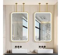 LFONDIGE Rectangular Ceiling Mounted Mirror - Bathroom Wall Vanity Shaving, Modern Decorative Ceiling Hanging Mirror with Metal Frame and LED Light - Gold(50cmx60cm)