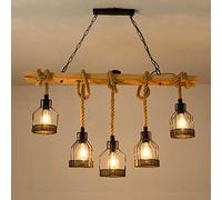 Lfoute Retro Pendant Lamp Antique Wood Hanging Lamp E27 Dining Room Lamp Hemp Rope Chandelier Industrial Metal Chain Restaurant Country Bedroom Living Room Ceiling Lamp 5 Flames