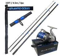 LFS Atlantic Ocean Sea Fishing Rod 15ft 4.5m 3pc + Large Blue Ocean pro Reel 80