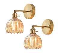 LFsem Vintage Amber Petal Glass Wall Lights | Gold E27 Wall Sconce | Industrial Retro Wall Lamp for Bedroom, Hallway, Living Room | Crystal Glass | Angle Adjustable | 2 Pack Set