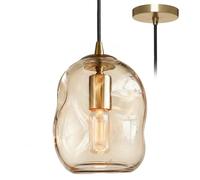 LFsem Vintage Pendant Lights - Industrial Brass E27 Loft Bar Ceiling Hanging Lamp with ø16cm Artificial Glass Lampshade for Kitchen Island, Dining Room & Bedroom (Amber)