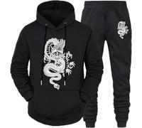 lFTEGUFKXS Mens Loong Sweatshirt Jogging Bottoms Dragon Pattern Hooded Sweatshirt and Pants Set with Black Dragon, Sports suit, 4XL