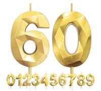 LFWZRY 60th Birthday Candles, Number 60 Candle, Gold, Luxury 3D Diamond-Shaped, Even Burn, Safe and Durable, No Scent, 2 Count, Indoor Use, Anniversary Occasion