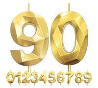 LFWZRY 90th Birthday Candles, Number 90 Cake Candle, Gold, No Scent, Luxury 3D Design, Even Burn, Safe and Durable
