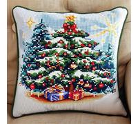 Lfynior Cross Stitch Cushion Cover Christmas Tree Tapestry Embroidery Cushion Kit 45x45cm Pre-printed Canvas Embroidery Thread, Zipper, Adults, Unisex, Traditional, Life-size, Non-foldable