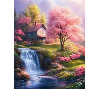 LFYNIORS DIY Bead Embroidery Kits Landscape with Flowers,Trees and Hut Beaded Cross Stitch Full Embroidery Kit,Colorful Beads Cover The Entire Pattern Home Decor 40x50cm