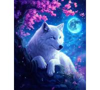 LFYNIORS DIY Beaded Cross Stitch Kits Anime White Wolf and Flower Tree Beaded Cross Stitch Full Embroidery Kit，Colorful Beads Cover The Entire Pattern Home Decor 40x50cm