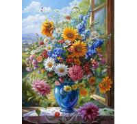 LFYNIORS DIY Beaded Cross Stitch Kits Colorful Flowers by The Window Beaded Cross Stitch Full Embroidery Kit，Colorful Beads Cover The Entire Pattern Home Decor 40x50cm