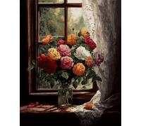 LFYNIORS DIY Beaded Cross Stitch Kits Colorful Flowers On The Windowsill Needlepoint Kit Beaded Cross Stitch Set with Colorful Embroidery Thread and Beads 40x50cm