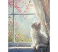 LFYNIORS DIY Beaded Embroidery Kit White Cat Animal by The Window Needlepoint Kit Beaded Cross Stitch Set with Colorful Embroidery Thread and Beads 40x50cm