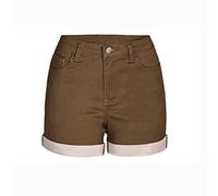 Lfzhjzc Summer Jean Shorts Womens High Waisted,Stretch Slim Fit High Waisted Jean Shorts,Folded Hem Candy Colors Womens Denim Shorts (Color : Brown, Size : XXL)