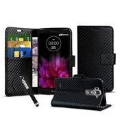 LG G Flex 2 (H955) - Carbon Fibre Effect Folio Card Slot Stand Wallet Case with Screen Protector & Retractable Stylus Pen