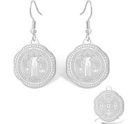 LGBBTI Saint Benedict Medal Dangle Drop Earrings for Women Christian Catholic Cross Exorcism Pendant Bible Verse Protection Amulet Religious Jewelry Medalla De San Ben, Silver