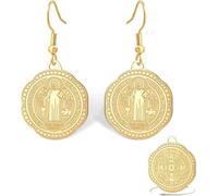 LGBBTI Saint Benedict Medal Dangle Drop Earrings for Women Christian Catholic Cross Exorcism Pendant Bible Verse Protection Amulet Religious Jewelry Medalla De San Ben, Gold