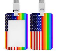 LGBT Colorful Gay Rainbow USA Flag Badge Holder Personalized ID Name Tag Vertical Work Badge Clip with Lanyard for Women Men