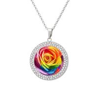 LGBT Gay Pride Rainbow Flag Rose Flower Funny Necklace With Printed Pendant Novelty Diamond Jewelry for Women Men Silver/Gold