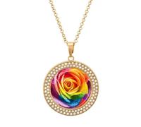 LGBT Gay Pride Rainbow Flag Rose Flower Funny Necklace With Printed Pendant Novelty Diamond Jewelry for Women Men Silver/Gold