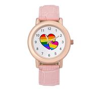 LGBT Pansexual Double Love Hearts Classic Watches for Women Pink Leather Strap Trendy Quartz Watch for Small Wrists