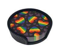 Lgbt Pride Gay Rainbow Heart,Set of 6 Round Coasters, Pu Leather Drinks Coasters with Holder for Home Office Kitchen