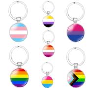 LGBT Pride Rainbow Keyring, Metal, Round Glass Cabochon, Gay, Lesbian, Bisexual, Transgender, Non-Binary, Pansexual Designs (Progress Pride)