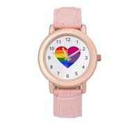 LGBT Rainbow and Bisexual Flag Heart Watch for Women Pink Leather Strap Ladies Watches Round Case Three-Hand Wrist Watch