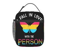 LGBT Rainbow Gay Pride Flag Butterfly I Fall in Love with The Person Queer Pansexual Lunch Bag Portable Insulated Large Capacity Lunch Box Zipper External Net Pocket