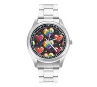 LGBT Rainbow Love Heart Watches for Men Business Dress Watch Stainless Steel Band Wristwatch