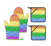 Lgbt Sparkle Glitter Pride Flag,Oven Mitts and Pot Holders Set of 4, Kitchen Anti-Slip Cooking Gloves Heat Resistant Oven Gloves
