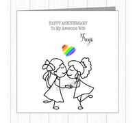 LGBTQ+ Gay Pride Anniversary Card - Rainbow Heart - Kissing Lesbian Couple - Wife Fiancée Girlfriend