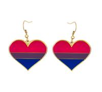 LGBTQ+ Heart Dangle Earrings, 2.5cm Wide x 2cm High, Iron with Gold/Brass Plated Stainless Steel (Bisexual)