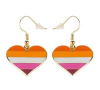 LGBTQ+ Heart Dangle Earrings, 2.5cm Wide x 2cm High, Iron with Gold/Brass Plated Stainless Steel (Lesbian)