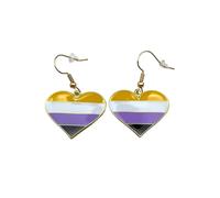 LGBTQ+ Heart Dangle Earrings, 2.5cm Wide x 2cm High, Iron with Gold/Brass Plated Stainless Steel (Non Binary)