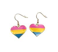 LGBTQ+ Heart Dangle Earrings, 2.5cm Wide x 2cm High, Iron with Gold/Brass Plated Stainless Steel (Pansexual)