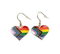 LGBTQ+ Heart Dangle Earrings, 2.5cm Wide x 2cm High, Iron with Gold/Brass Plated Stainless Steel (Progress Pride)