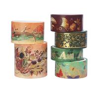 LGEGE 6 Rolls Autumn Theme Washi Tape Set, 15/20/25/40 mm Wide,Withered Tree Mushroom Butterfly Gold Foil Pattern,Masking Tape Décor for Scrapbook, Bullet Journal, Gift Wrapping (3m)