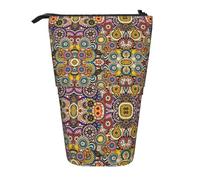 LGHDFYO Ethnic Circles Floral Pattern 1 Pack Telescopic Pen Case For Women Men,Cute Standing Stationary Pouch With Zipper For Office, Black, One Size, Fashion