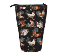 LGHDFYO French Roosters 1 Pack Telescopic Pen Case For Women Men,Cute Standing Stationary Pouch With Zipper For Office, Black, One Size, Fashion