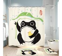 LGhtyro 4PCS Funny Frog 71Wx71H Inches Duck Traditional Japanese Leaf Rain Shower Curtain Sets with Rugs,Toilet Lid Cover and Bath Mat,Lovely Bath Accessories Art Home Decor Fabric 12 Pack Hooks