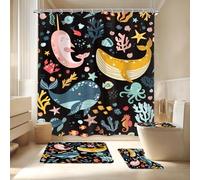 LGhtyro 4PCS Kids Whale Black 71Wx71H Inches Ocean Cartoon Fish Underwater Sealife Shower Curtain Sets with Rugs,Toilet Lid Cover and Bath Mat,Cute Bath Accessories Art Home Decor Fabric 12 Pack Hooks