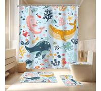 LGhtyro 4PCS Kids Whale Blue 71Wx71H Inches Ocean Cartoon Fish Underwater Sealife Shower Curtain Sets with Rugs,Toilet Lid Cover and Bath Mat, Cute Bath Accessories Art Home Decor Fabric 12 Pack Hooks