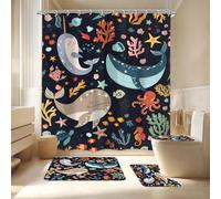 LGhtyro 4PCS Kids Whale Dark Blue 71Wx71H Inches Ocean Cartoon Underwater Sealife Shower Curtain Sets with Rugs,Toilet Lid Cover and Bath Mat, Cute Bath Accessories Art Home Decor Fabric 12 Pack Hooks